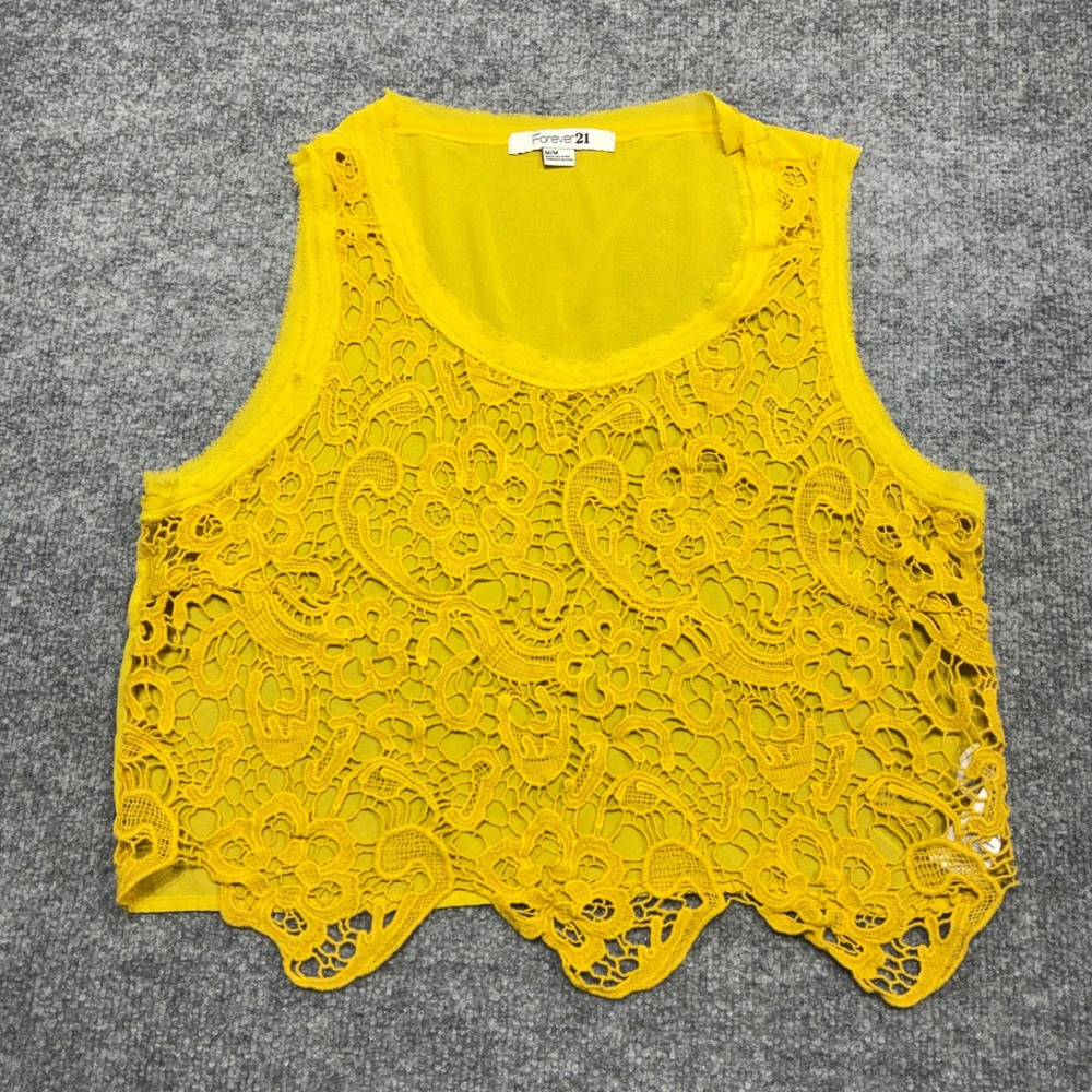 Forever 21 Yellow Floral Lace Cropped Tank Top Blouse Women's Sz.Medium